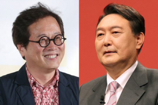 맛 칼럼니스트 황교익씨(왼쪽)와 윤석열 국민의힘 대선 후보. 연합뉴스, 국회사진기자단